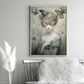 Plakat kobieta, motyle i kwiaty 50x70 cm 2-0249 plakaty raspberryem na ścianę, do salonu
