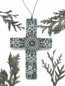 Koronkowy krzyżyk dekoracje ceramika ana ceramiczny, pamiątka komunii, artystyczny krzyż