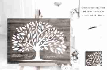 Rystykalny obraz wpisów gości weselnych - drzewo księgi kreatywne wesele, ślub