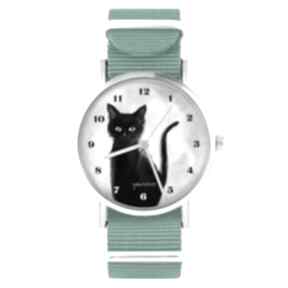 Zegarek - czarny kot, cyfry turkusowy, nylonowy zegarki yenoo, pasek, dla kociary, niej