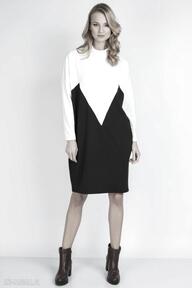 Dwukolorowa, suk134 ecru sukienki lanti urban fashion kieszenie, biała, czarna, golf, luźna