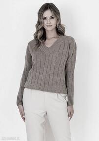 Sweter w warkoczowy wzór - swe316 mocca mkm swetry, brązowy na jesień, z długim