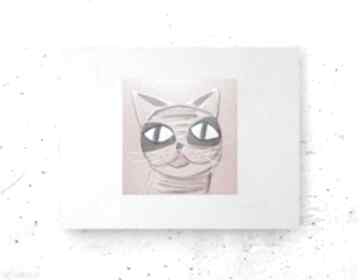 Oryginalny obrazek z kotem, mały rysunek kotkiem, zabawna grafika kot obraz A4, szkic pokoik