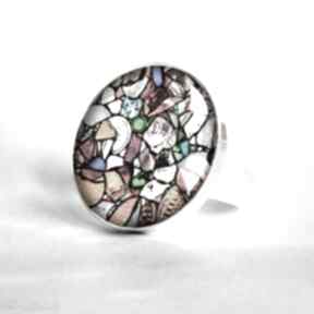 Witrażowy pierścionek gala vena mozaikowy, kolorowy, duży, unikat, szklany