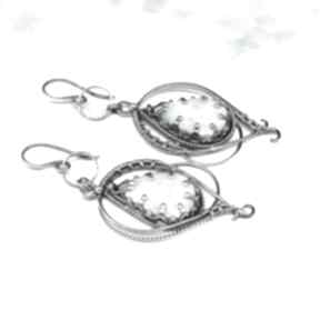 Długie srebrne kolczyki: wire wrapping - orientalna biżuteria, larimar, minerał kamienie