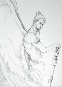 rysunek artystki laube adriana art ołówkiem, skrzydła, anioł wsparcia, miecz