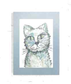 Kolorowy rysunek z kotem, malowany ręcznie obraz kotkiem, oryginalna akwarela kot grafika