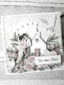 z kieszonką scrapbooking za craftowane, ładna kartka ślubna w różach, z parą młodą