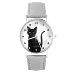 Zegarek yenoo - czarny kot szary, skórzany zegarki