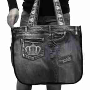 Duża torba upcykling jeans haft korona 94 od majunto na ramię, recykling, upcycled