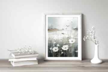 Nowoczesny obraz zielona łąka z białymi kwiatami - w stylu boho plakat 30x40 cm plakaty