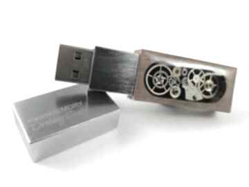 Steammemory of wood black - pendrive led męska drobiny czasu, trybiki, żywica, usb, 32gb