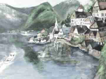 krajobraz. Hallstatt jezioro: pejzaż austria - obraz salzkammergut krystyna mosciszko