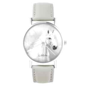 biały skórzany, beżowy zegarki yenoo zegarek, pasek, koń, końska