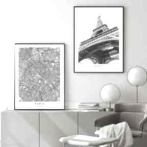 Zestaw plakatów paryż miasto mapa paryża: galeria ścienna wieża eiffla czarno białe