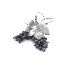 Srebrne kolczyki winogrona z lapis lazuli ladyc wiszące, roślinna biżuteria, liściem, liść