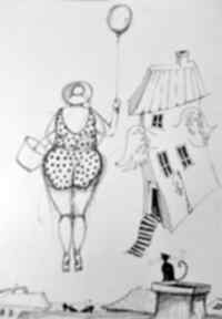 piórkiem "lecę" artystki plastyka laube adriana art rysunek, puszysta, balon, kot, buty