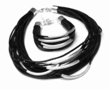 Czarny komplet - bransoletka i naszyjnik z rzemieni skórzanych mania design, rzemień, rzemyki