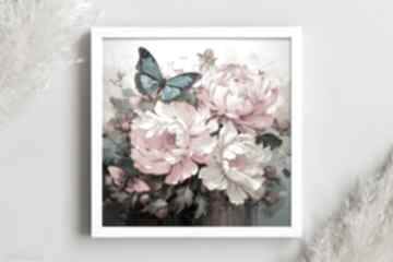 Retro obraz kwiaty piwonii i motyl - plakat niebieski wydruk artystyczny 50x50 cm plakaty