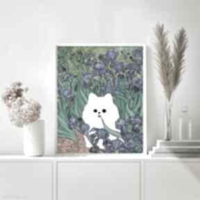 Plakat irysy van gogha z białym pomeranianem - pies 40x50 cm prezent plakaty annsayuri art