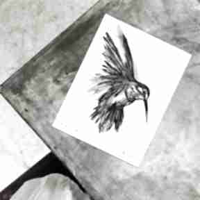 Tusz i akwarela - koliber maja gajewska na papierze, ręcznie ptak, dekoracja do salonu