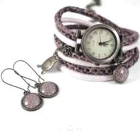 ptak i amarant, różowy antyczny brąz zegarki lili arts komplet, zegarek, kolczyki