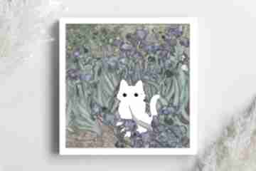 Plakat biały kot w irysach van gogh'a 40x40 - śmieszny z kotem prezent dla miłośników kotów