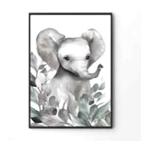 Plakat obraz słonik w listkach 80x120 cm pokoik dziecka hogstudio - mieszkanie