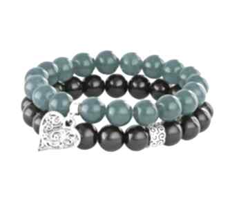 Sea green black jade with bead heart jadeit serce zestaw dwóch