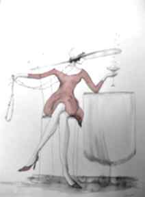 Praca i piórkiem szampańsko mi artystki plastyka laube adriana art rysunek, kobieta, kieliszek