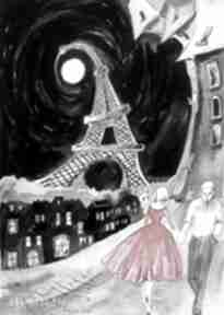 "paryż nocą" akwarela artystki plastyka adriany laube dekoracje art, eiffla, noc, księżyc