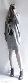 oversize z bellafeltro luźna, sukienka, długi sweter, kieszeniami, aplikacją