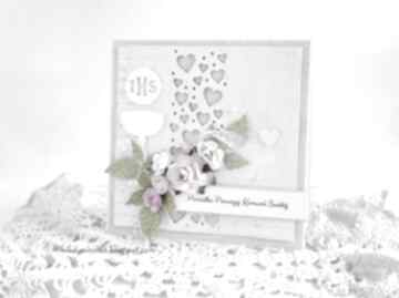 Komunijna z sercami scrapbooking kartki vairatka handmade, pierwsza, komunia