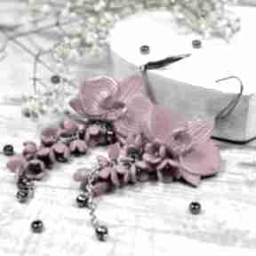 Długie różowe kolczyki orchidee kameleon, kwiaty, fuksja, eleganckie na wesele