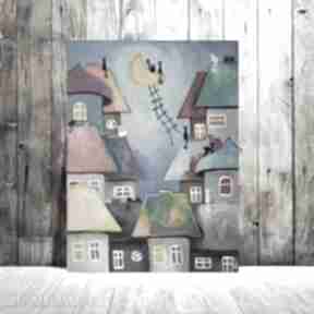 Bajkowe - akrylowy formatu 30x40 cm paulina lebida miasteczko, obraz, domki, koty, akryl