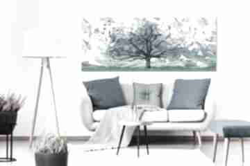 Abstrakcyjny pejzaż do salonu i sypialni drukowany na płótnie - drzewo, ptaki origami 147x60cm