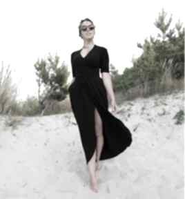 Czarna sukienka maxi - gaja mimi monster z dzianiny, z bawełny, długa, kopertowa z rozcięciem