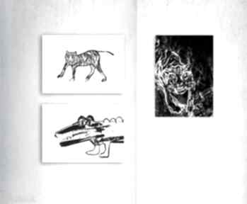 3 plakaty, zestaw plaktów, czarno białe zwierzęta, zoo grafiki na ścianę annasko tygrys