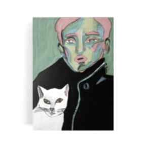 Obraz mężczyzna z kotkiem carmenlotsu do salonu, obrazy na zamówienie, malarstwo ekspresjonizmu