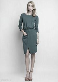Sukienka, suk109 zielony lanti urban fashion asymetryczna, kieszeń, casual, midi