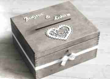 Pudełko z kluczykiem - koronka i duże serce ślub biala konwalia drewno, eko, rustykalne