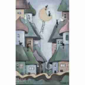 Obraz na płótnie bajkowe miasteczko format 30 20cm paulina lebida bajka, domki, kolor, koty