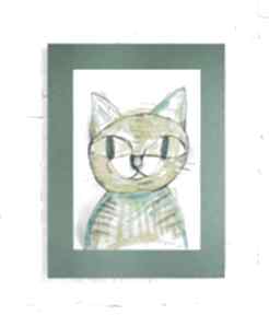 Kolorowy rysunek z kotkiem, nowoczesna grafika kot obrazek malowany ręcznie, ilustracja pokoik