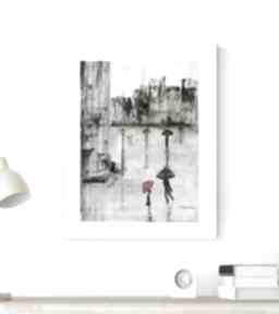 Grafika 30x40 cm wykonana ręcznie, abstrakcja, elegancki minimalizm, deszczowa ulica art