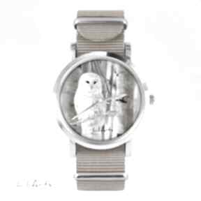 Zegarek, bransoletka - biała sowa beżowy, nato zegarki lili arts, grafika, prezent