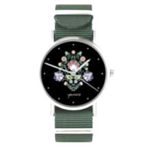 czarny zielony, nylonowy zegarki yenoo zegarek, pasek, folkowe, folklor, ludowy, prezent