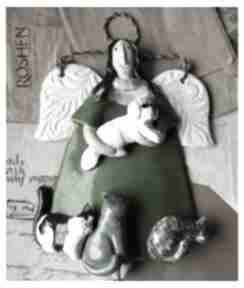 Aniołek z 3 kotami i pieskiem ceramika wylęgarnia pomysłów, anioł, kot
