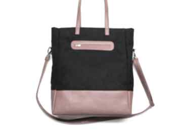 Pod choinkę! Shopper bag - zamsz czarny i skóra czerwona na ramię torebki niezwykle elegancka