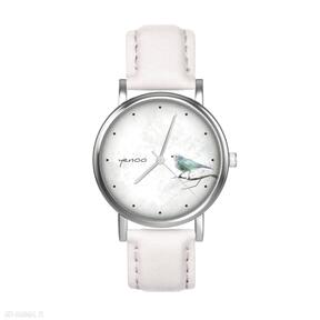 mały - turkusowy ptaszek, pudrowy róż zegarki yenoo zegarek, skórzany pasek, ptak, dziecięcy