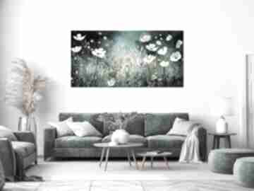 Zielony obraz do salonu - poziomy łąka z białymi kwiatami wydruk na płótnie 50x100 cm annsayuri